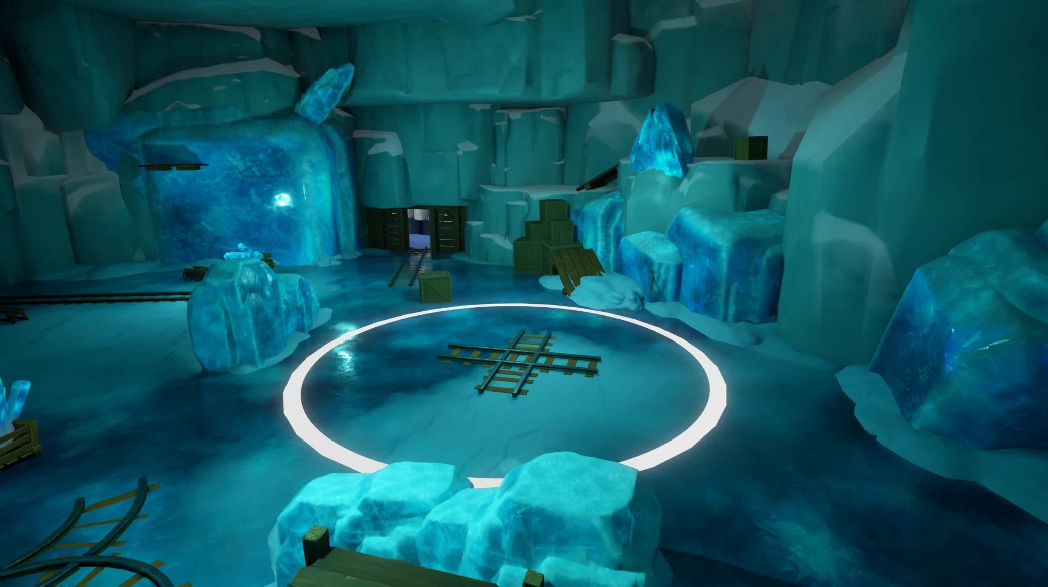 Ice cave with cyan crystals