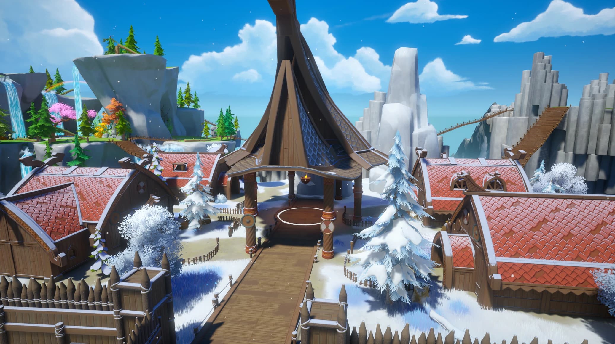 Snowy village with red roofs